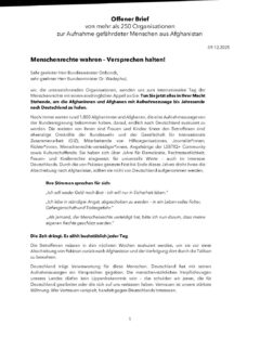 Offener Brief - Aufnahmen Afghanistan - Menschenrechte wahren - Versprechen halten!